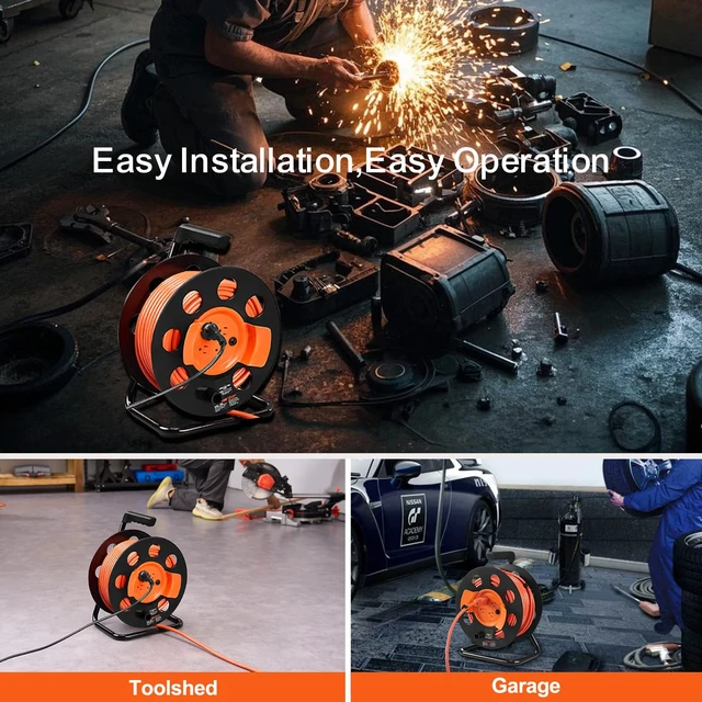 Alt view image 6 of 7 - 100 FT Retractable Extension Cord Reel with 4 Outlets & Heavy Duty 14AWG SJTOW Power Cord Cable, Portable Handle and Safety Overload Circuit Breaker, for Outdoor Indoor Toolshed Garage Use