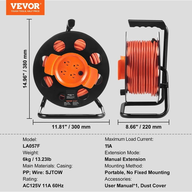 Alt view image 7 of 7 - 100 FT Retractable Extension Cord Reel with 4 Outlets & Heavy Duty 14AWG SJTOW Power Cord Cable, Portable Handle and Safety Overload Circuit Breaker, for Outdoor Indoor Toolshed Garage Use
