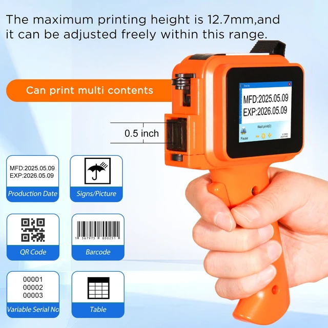 Alt view image 2 of 7 - Handheld Inkjet Printer with 42ml Quick-Drying Ink Cartridge, 0.5 Inch Nozzle Ink Jet Coding Machine for EXP Date/Batch Number/QR Code/Barcode/Logo/Text (ZM-C12mini) (Orange)