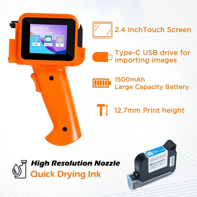 Alt view image 4 of 7 - Handheld Inkjet Printer with 42ml Quick-Drying Ink Cartridge, 0.5 Inch Nozzle Ink Jet Coding Machine for EXP Date/Batch Number/QR Code/Barcode/Logo/Text (ZM-C12mini) (Orange)