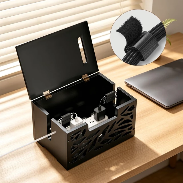 Alt view image 6 of 7 - Large Cable Management Box, Cord Hider for Power Strip, Black Cord Hider Box & Cable Organizer Box, practical storage box conceals messy power strip, TV, floor cables for home office