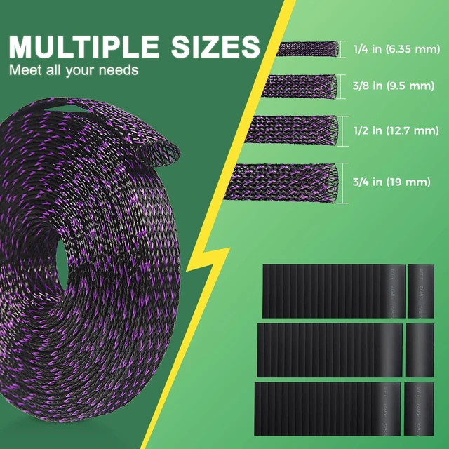 Alt view image 2 of 7 - 132 ft Expandable Braided Cable Sleeve Wire Loom PET Wiring Sleeving, Mesh Automotive Split Sheathing Wrap Management Heat Shrink for Audio and Other Home Device (1/2 in, 1/4 in, 3/8 in,3/4 in,Purple)