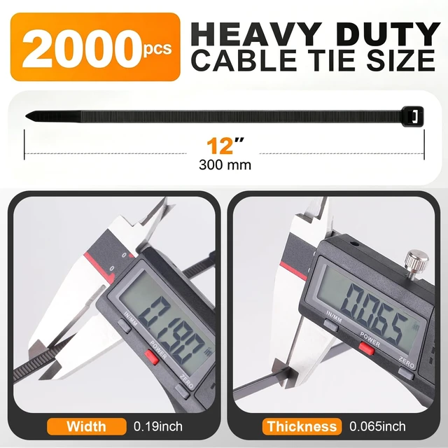 Alt view image 2 of 6 - Zip Ties 12 Inch,2000 Pcs,0.19in Width,60LBS Black Cable Ties Self-Locking,Premium Nylon 66, UV & Weather Resistant, 60LBS Tensile Strength, Indoor Outdoor, Garden & Industrial Use