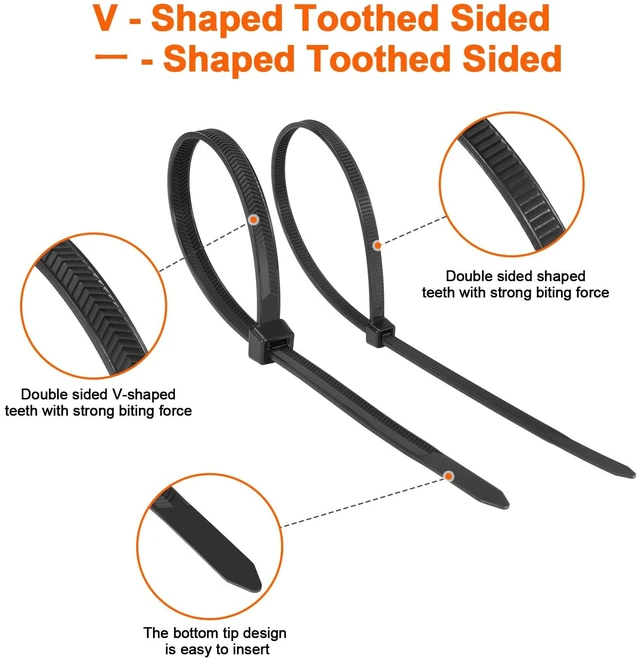 Alt view image 3 of 7 - 12"-shaped & V-shaped double-sided tooth zip ties black. : 100lbs, V: 200lbs tensile strength. Heavy-duty, self-locking, adjustable, durable nylon ties for indoor/outdoor use. (40V+60)