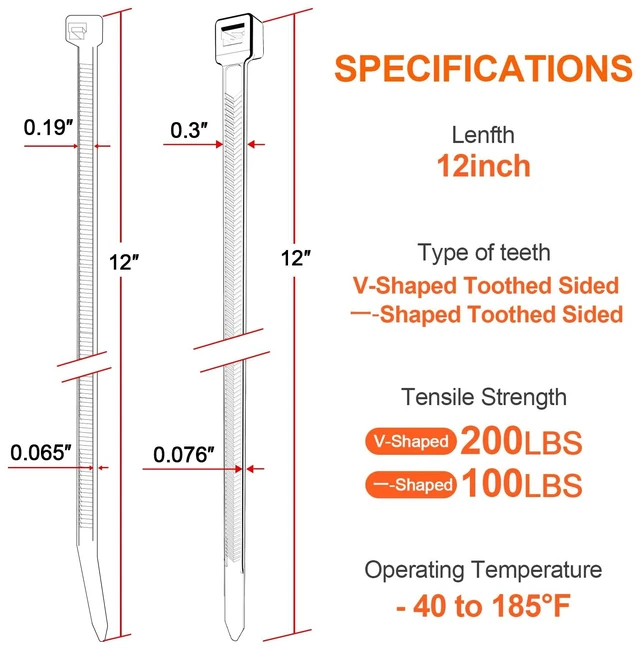 Alt view image 6 of 7 - 12"-shaped & V-shaped double-sided tooth zip ties black. : 100lbs, V: 200lbs tensile strength. Heavy-duty, self-locking, adjustable, durable nylon ties for indoor/outdoor use. (40V+60)