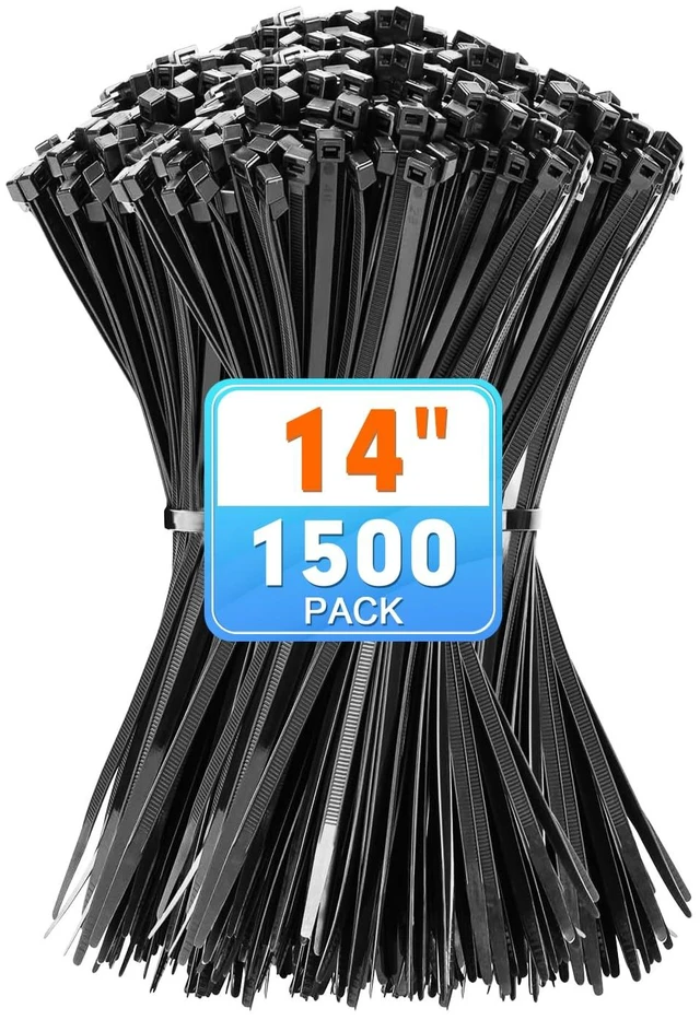 Main image of 14 Inch Black Nylon Zip Ties, 1500 Pack Self-Locking 50lb Tensile UV Resistant Construction, HeavyDuty Performance, Suitable For Both Indoor And Outdoor Securing Applications