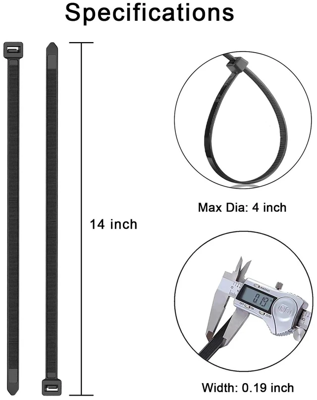 Alt view image 2 of 7 - 14 Inch Black Nylon Zip Ties, 1500 Pack Self-Locking 50lb Tensile UV Resistant Construction, HeavyDuty Performance, Suitable For Both Indoor And Outdoor Securing Applications