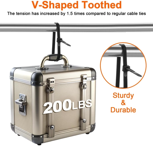 Alt view image 5 of 7 - 12"-shaped & V-shaped double-sided tooth zip ties black. : 100lbs, V: 200lbs tensile strength. Heavy-duty, self-locking, adjustable, durable nylon ties for indoor/outdoor use. (40V+60)