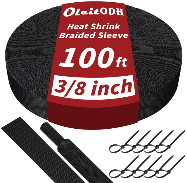 Main image of 100 ft 3/8 in 2:1 Heat Shrink Braided Sleeving, Black Abrasion-resistant polyolefin and polyester sleeve for automotive wiring harness protection and cable management