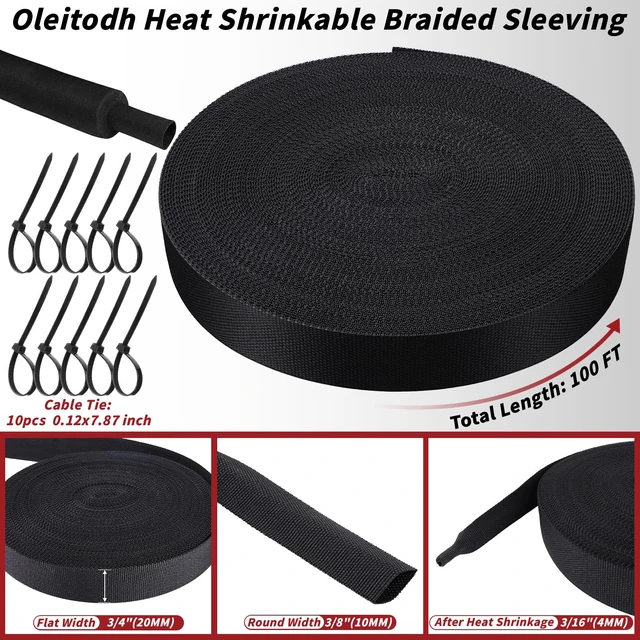 Alt view image 2 of 7 - 100 ft 3/8 in 2:1 Heat Shrink Braided Sleeving, Black Abrasion-resistant polyolefin and polyester sleeve for automotive wiring harness protection and cable management