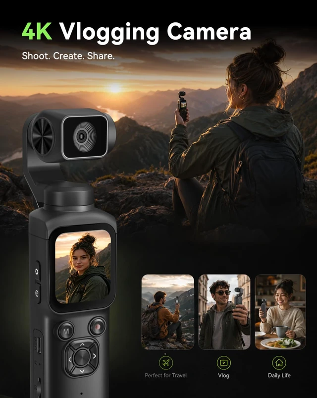 Alt view image 2 of 7 - 4K Vlogging Camera, Pocket Camera for Beginners PDAF Autofocus, 330° AI Face Tracking, EIS Anti-Shake, Lightweight, WiFi App Control, Webcam Function, Touchscreen