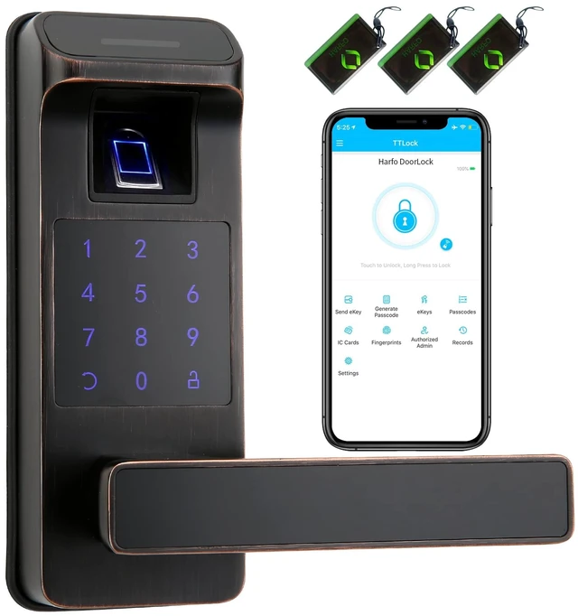 Main image of Smart Door Lock, Heavy Duty 5 in 1 Keyless Entry Door Lock, Full App Control Digital Keypad Lock, Reversible Handle with Fingerprints and Passcodes for Family/Office/Apartment (Aged Bronze)