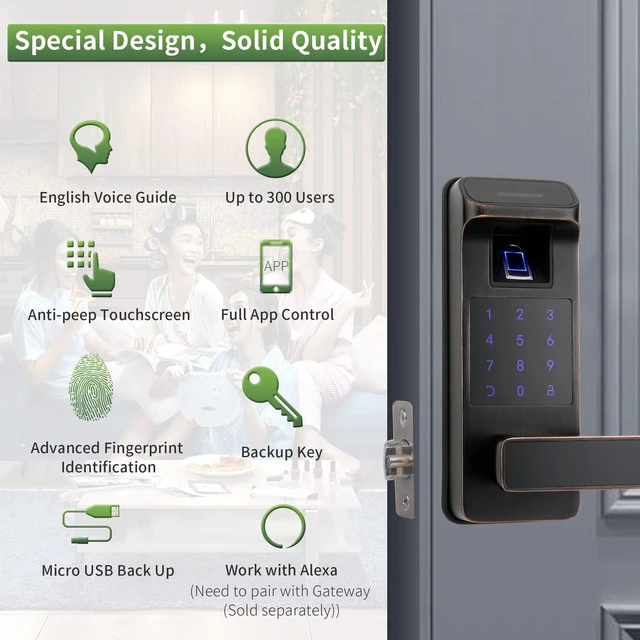 Alt view image 2 of 7 - Smart Door Lock, Heavy Duty 5 in 1 Keyless Entry Door Lock, Full App Control Digital Keypad Lock, Reversible Handle with Fingerprints and Passcodes for Family/Office/Apartment (Aged Bronze)
