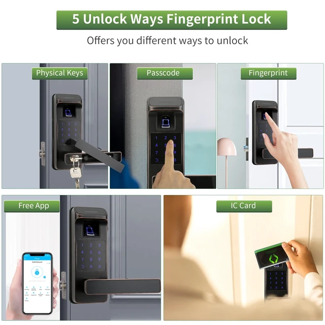 Alt view image 3 of 7 - Smart Door Lock, Heavy Duty 5 in 1 Keyless Entry Door Lock, Full App Control Digital Keypad Lock, Reversible Handle with Fingerprints and Passcodes for Family/Office/Apartment (Aged Bronze)