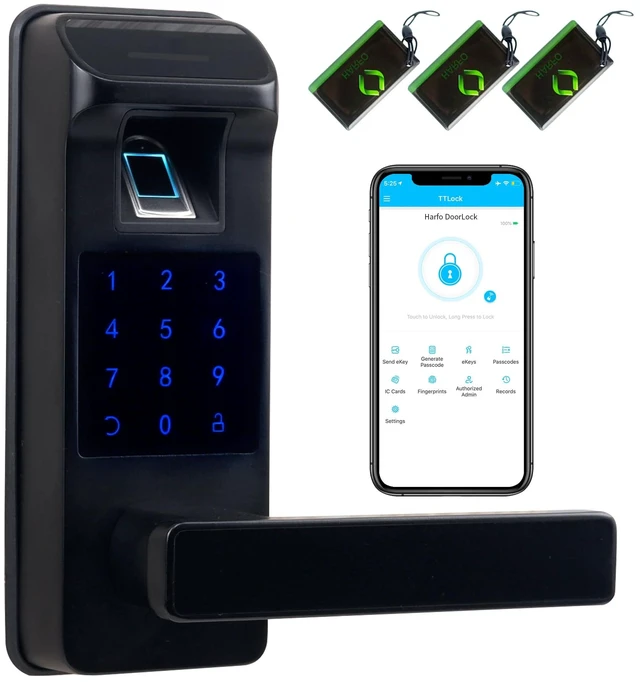 Main image of Smart Door Lock, Heavy Duty 5 in 1 Keyless Entry Door Lock, Full App Digital Keypad Lock, Reversible Handle with Fingerprints and Passcodes for Family/Office/Apartment (Black)