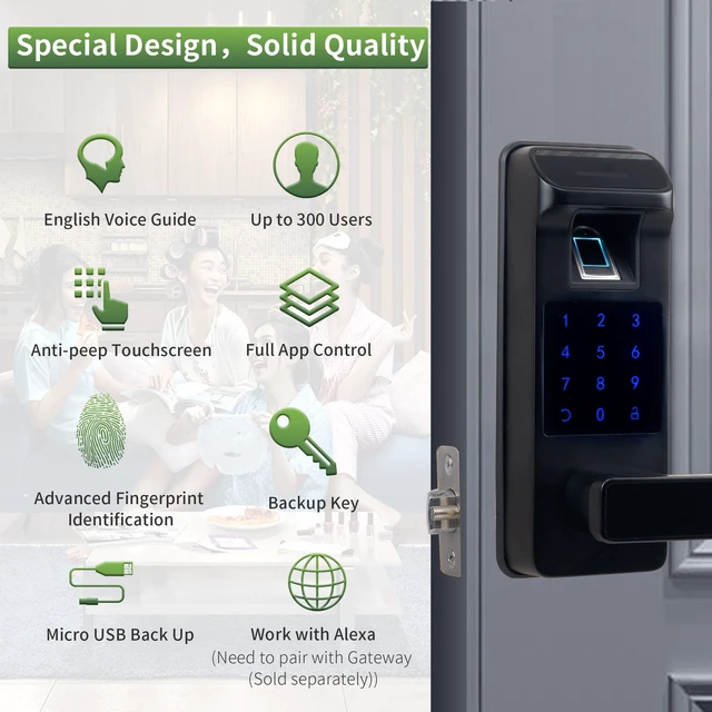 Alt view image 2 of 7 - Smart Door Lock, Heavy Duty 5 in 1 Keyless Entry Door Lock, Full App Digital Keypad Lock, Reversible Handle with Fingerprints and Passcodes for Family/Office/Apartment (Black)