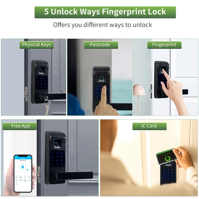 Alt view image 5 of 7 - Smart Door Lock, Heavy Duty 5 in 1 Keyless Entry Door Lock, Full App Digital Keypad Lock, Reversible Handle with Fingerprints and Passcodes for Family/Office/Apartment (Black)