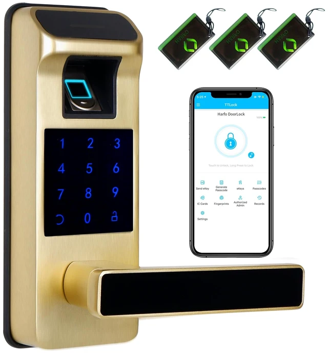 Main image of Smart Door Lock, Heavy Duty 5 in 1 Keyless Entry Door Lock, Full App Digital Keypad Lock, Reversible Handle with Fingerprints and Passcodes for Family/Office/Apartment (Gold)
