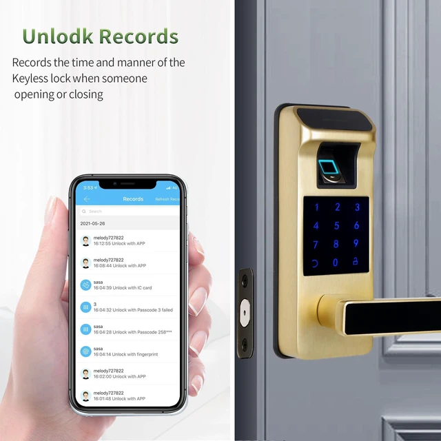 Alt view image 3 of 7 - Smart Door Lock, Heavy Duty 5 in 1 Keyless Entry Door Lock, Full App Digital Keypad Lock, Reversible Handle with Fingerprints and Passcodes for Family/Office/Apartment (Gold)