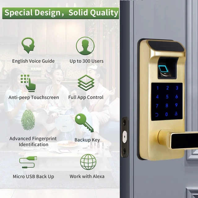 Alt view image 2 of 7 - Smart Door Lock, Heavy Duty 5 in 1 Keyless Entry Door Lock, Full App Digital Keypad Lock, Reversible Handle with Fingerprints and Passcodes for Family/Office/Apartment (Gold)