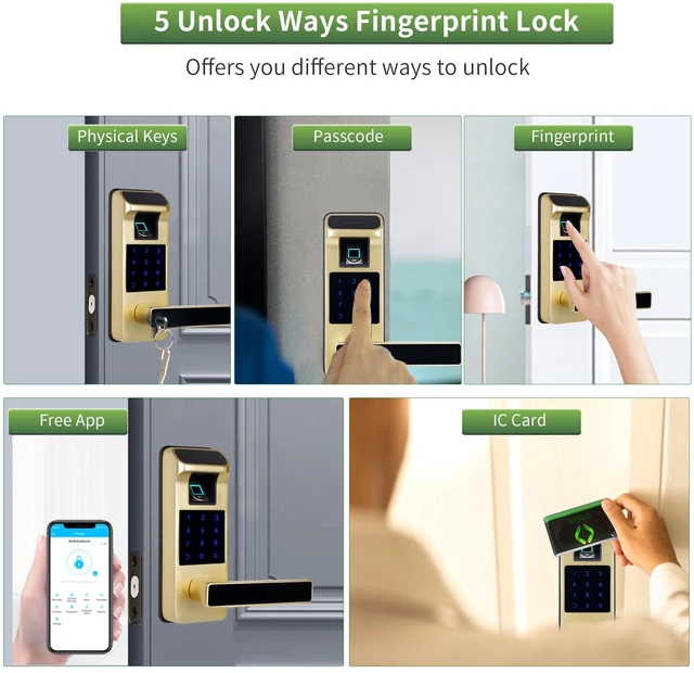 Alt view image 5 of 7 - Smart Door Lock, Heavy Duty 5 in 1 Keyless Entry Door Lock, Full App Digital Keypad Lock, Reversible Handle with Fingerprints and Passcodes for Family/Office/Apartment (Gold)