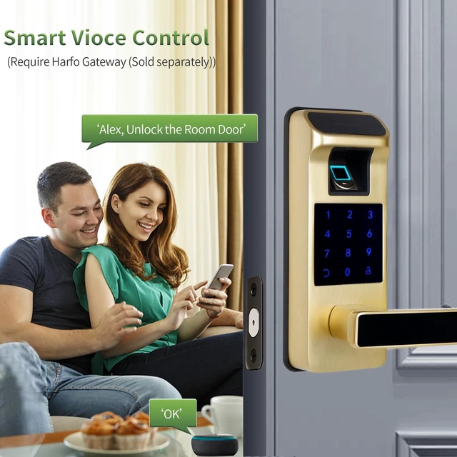 Alt view image 7 of 7 - Smart Door Lock, Heavy Duty 5 in 1 Keyless Entry Door Lock, Full App Digital Keypad Lock, Reversible Handle with Fingerprints and Passcodes for Family/Office/Apartment (Gold)