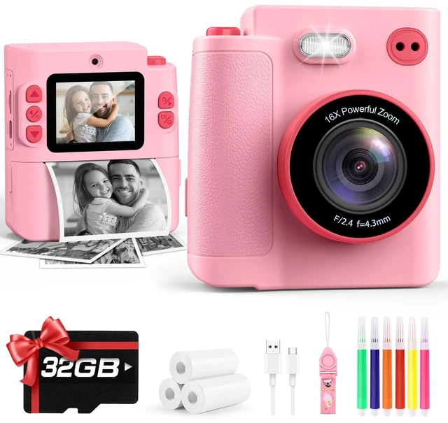 Main image of Kids Camera Instant Print, Birthday Christmas Girls Gift 3-12 Pink Dual Lens/1080P Video/Thermal Prints/Games/MP3, with 32G SD Card, Toys for Girls 3 4 5 6 7 8 9 10 Year Old, Digital Camera
