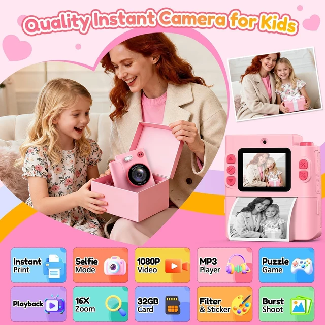 Alt view image 2 of 7 - Kids Camera Instant Print, Birthday Christmas Girls Gift 3-12 Pink Dual Lens/1080P Video/Thermal Prints/Games/MP3, with 32G SD Card, Toys for Girls 3 4 5 6 7 8 9 10 Year Old, Digital Camera