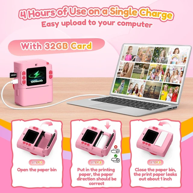 Alt view image 7 of 7 - Kids Camera Instant Print, Birthday Christmas Girls Gift 3-12 Pink Dual Lens/1080P Video/Thermal Prints/Games/MP3, with 32G SD Card, Toys for Girls 3 4 5 6 7 8 9 10 Year Old, Digital Camera