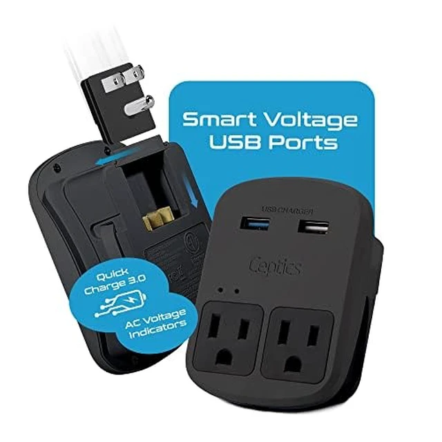 Alt view image 2 of 7 - World Travel Adapter Kit - QC 3.0 Dual USB + Dual US Outlets, Surge Protection, Perfect For Europe, UK, China, Australia, Japan, Perfect For Laptop, Cell Phones, Cameras - Safe ETL - Black