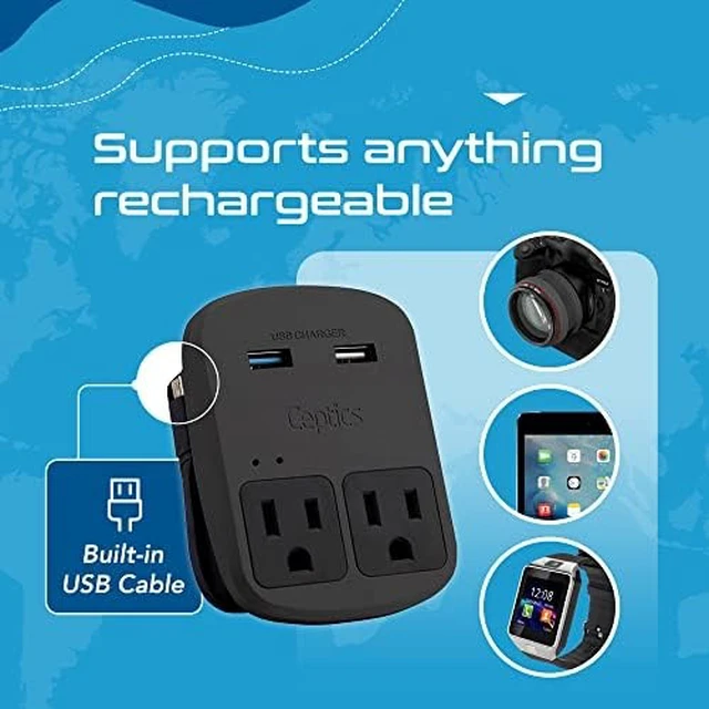 Alt view image 3 of 7 - World Travel Adapter Kit - QC 3.0 Dual USB + Dual US Outlets, Surge Protection, Perfect For Europe, UK, China, Australia, Japan, Perfect For Laptop, Cell Phones, Cameras - Safe ETL - Black