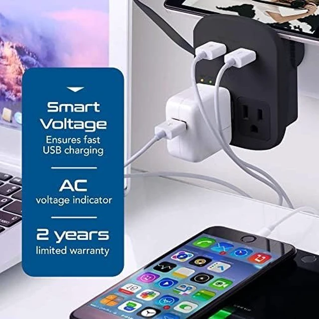 Alt view image 6 of 7 - World Travel Adapter Kit - QC 3.0 Dual USB + Dual US Outlets, Surge Protection, Perfect For Europe, UK, China, Australia, Japan, Perfect For Laptop, Cell Phones, Cameras - Safe ETL - Black