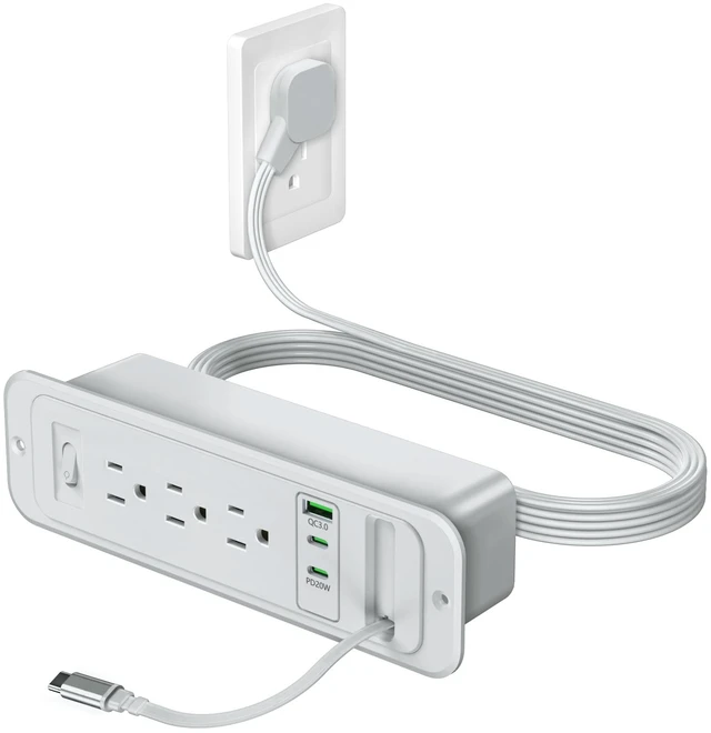 Main image of Recessed Power Strip,20W Retractable USB C Cable,Grey,6FT Flush Mount Countertop Drawer Outlet, Furniture Hidden Outlet for Side Table,End Table,3 Outlets