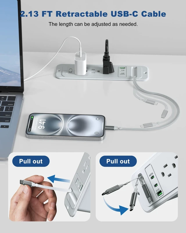 Alt view image 5 of 7 - Recessed Power Strip,20W Retractable USB C Cable,Grey,6FT Flush Mount Countertop Drawer Outlet, Furniture Hidden Outlet for Side Table,End Table,3 Outlets