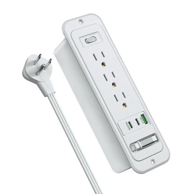 Alt view image 7 of 7 - Recessed Power Strip,20W Retractable USB C Cable,Grey,6FT Flush Mount Countertop Drawer Outlet, Furniture Hidden Outlet for Side Table,End Table,3 Outlets
