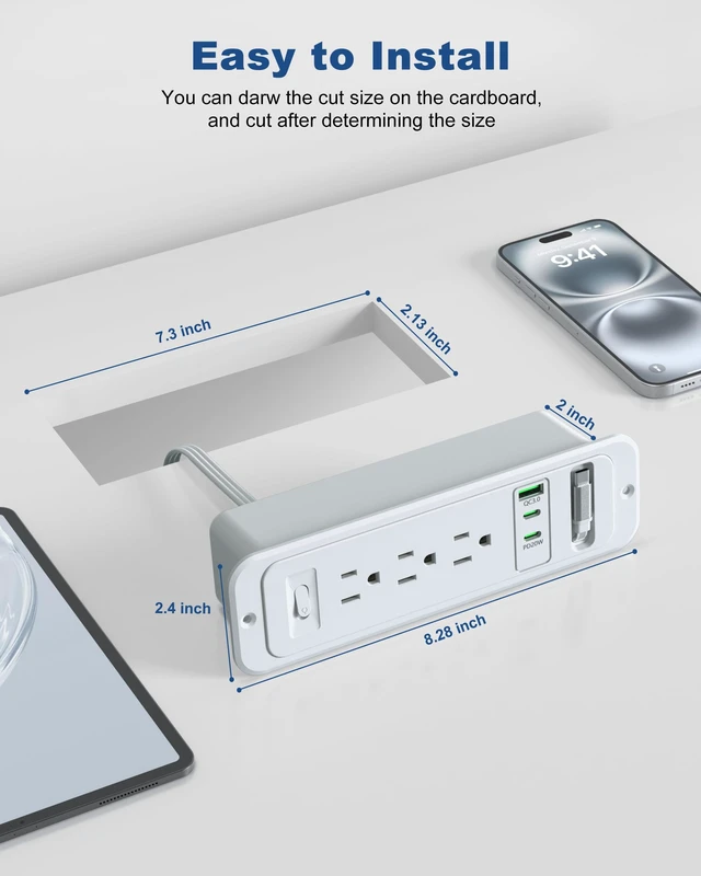 Alt view image 6 of 7 - Recessed Power Strip,20W Retractable USB C Cable,Grey,6FT Flush Mount Countertop Drawer Outlet, Furniture Hidden Outlet for Side Table,End Table,3 Outlets
