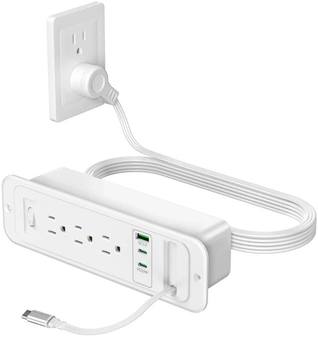 Main image of Recessed Power Strip,20W Retractable USB C Cable,White,6FT Flush Mount Countertop Drawer Outlet, Furniture Hidden Outlet for Side Table,End Table,3 Outlets