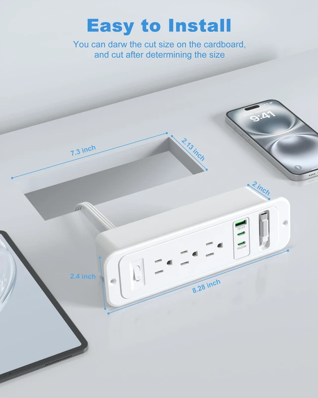 Alt view image 6 of 7 - Recessed Power Strip,20W Retractable USB C Cable,White,6FT Flush Mount Countertop Drawer Outlet, Furniture Hidden Outlet for Side Table,End Table,3 Outlets