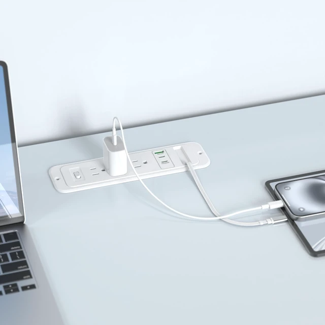 Alt view image 7 of 7 - Recessed Power Strip,20W Retractable USB C Cable,White,6FT Flush Mount Countertop Drawer Outlet, Furniture Hidden Outlet for Side Table,End Table,3 Outlets