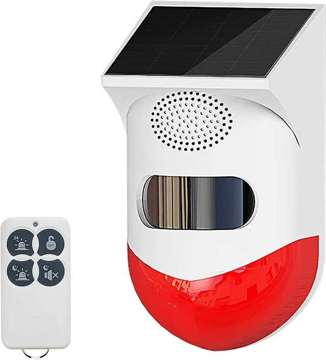 Main image of Solar Outdoor Motion Sensor Alarm 2 Adjustable Activated Waterproof 120dB Loud Sound Strobe Light Security Siren Alarm Easy Set up Remote Control 4 Working Mode for Home,Garden,Yard