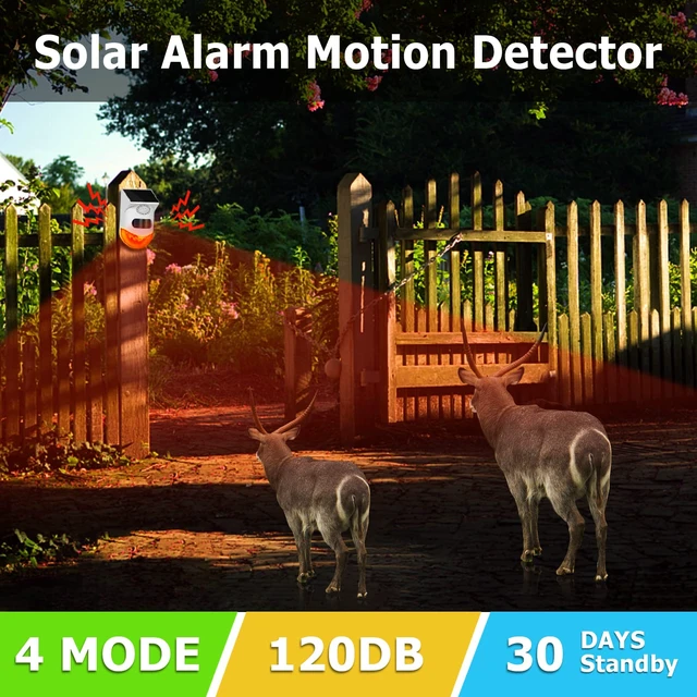 Alt view image 3 of 7 - Solar Outdoor Motion Sensor Alarm 2 Adjustable Activated Waterproof 120dB Loud Sound Strobe Light Security Siren Alarm Easy Set up Remote Control 4 Working Mode for Home,Garden,Yard