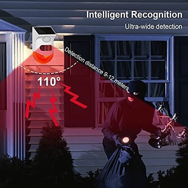 Alt view image 4 of 7 - Solar Outdoor Motion Sensor Alarm 2 Adjustable Activated Waterproof 120dB Loud Sound Strobe Light Security Siren Alarm Easy Set up Remote Control 4 Working Mode for Home,Garden,Yard