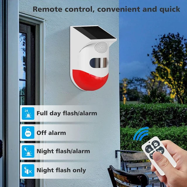 Alt view image 7 of 7 - Solar Outdoor Motion Sensor Alarm 2 Adjustable Activated Waterproof 120dB Loud Sound Strobe Light Security Siren Alarm Easy Set up Remote Control 4 Working Mode for Home,Garden,Yard