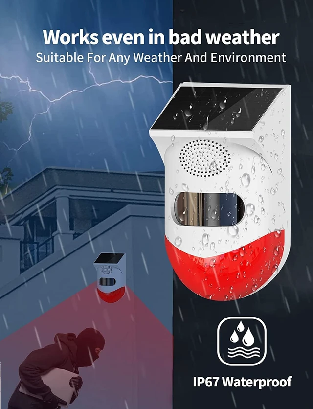 Alt view image 6 of 7 - Solar Outdoor Motion Sensor Alarm 2 Adjustable Activated Waterproof 120dB Loud Sound Strobe Light Security Siren Alarm Easy Set up Remote Control 4 Working Mode for Home,Garden,Yard