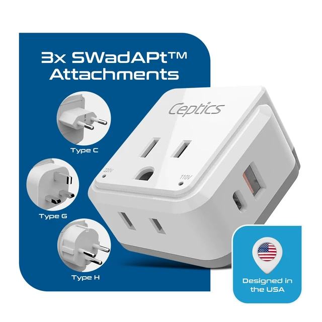 Alt view image 4 of 7 - Israel, Jordan Power Plug Adapter Travel, 20W PD & QC, Safe Dual USB & USB-C 3.1A -2 USA Socket - Use in Jerusalem, Palestine, UAE - Includes Type H, Type C, Type G Swadapt Attachments