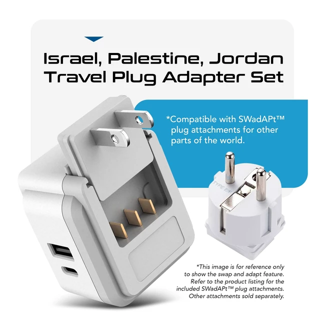 Alt view image 5 of 7 - Israel, Jordan Power Plug Adapter Travel, 20W PD & QC, Safe Dual USB & USB-C 3.1A -2 USA Socket - Use in Jerusalem, Palestine, UAE - Includes Type H, Type C, Type G Swadapt Attachments