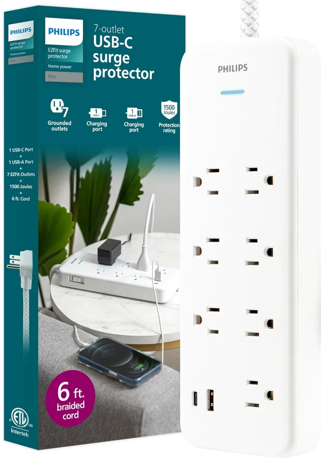 Main image of Surge Protector Power Strip with USB Ports 6 Ft Braided Extension Cord with Multiple Outlets, 1500 Joules, 7 Outlet Extender, 1 USB-A, 1 USB-C, Flat Plug, SPP3983W/37