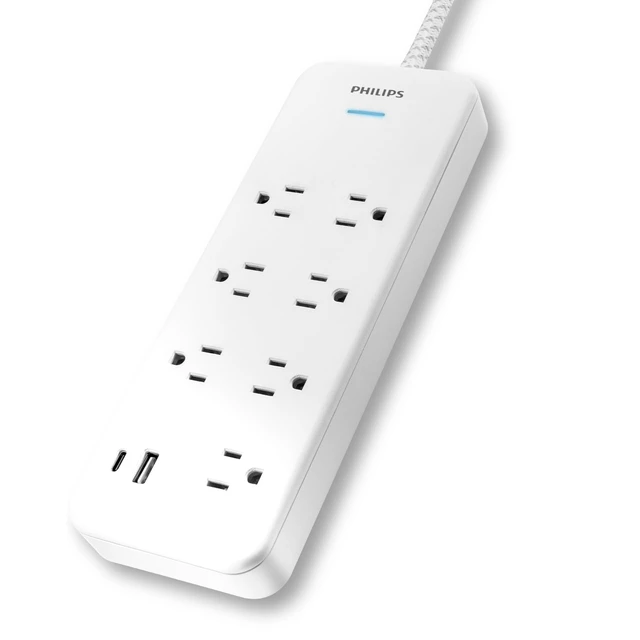 Alt view image 3 of 7 - Surge Protector Power Strip with USB Ports 6 Ft Braided Extension Cord with Multiple Outlets, 1500 Joules, 7 Outlet Extender, 1 USB-A, 1 USB-C, Flat Plug, SPP3983W/37