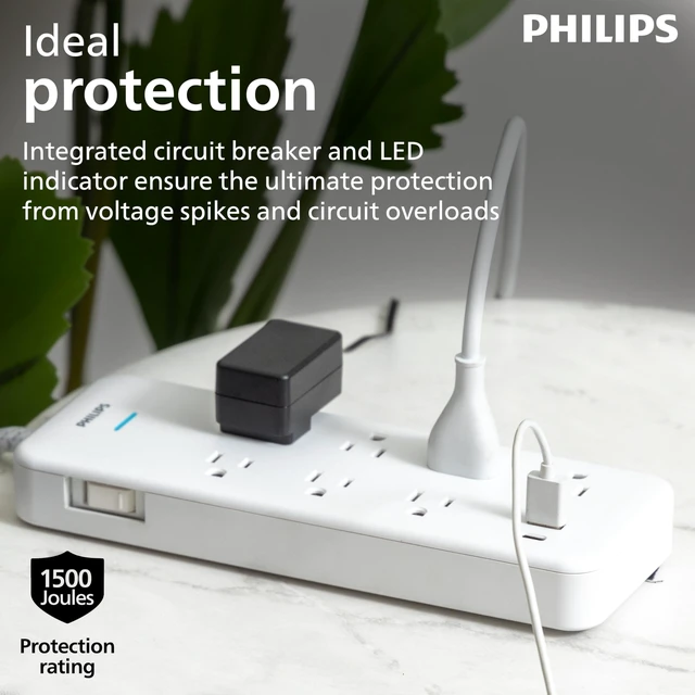 Alt view image 4 of 7 - Surge Protector Power Strip with USB Ports 6 Ft Braided Extension Cord with Multiple Outlets, 1500 Joules, 7 Outlet Extender, 1 USB-A, 1 USB-C, Flat Plug, SPP3983W/37