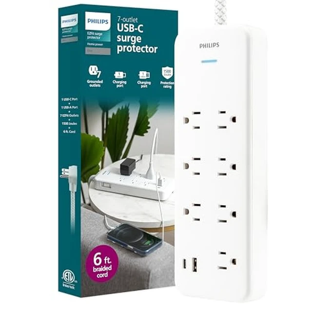 Alt view image 7 of 7 - Surge Protector Power Strip with USB Ports 6 Ft Braided Extension Cord with Multiple Outlets, 1500 Joules, 7 Outlet Extender, 1 USB-A, 1 USB-C, Flat Plug, SPP3983W/37